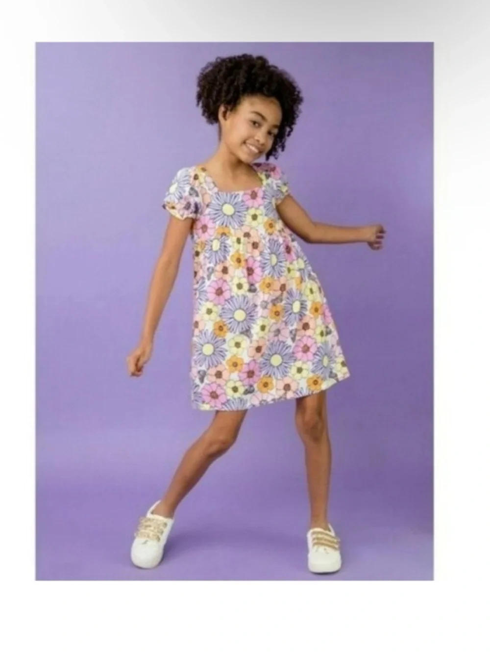 Girls floral mini dress flower floral daisy short sleeve purple pink yellow